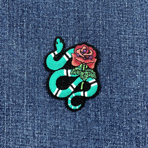Snake & Rose Applique Patch - Embroidered Flower Reptile Badge 2.5" (Iron On)