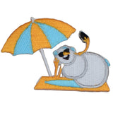 Embroidered patch of a snowman under an umbrella on a white background