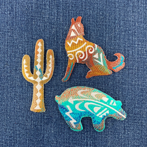 3-Pack Southwest Patch Set - Embroidered Saguaro Cactus Bear & Wolf Badges (Iron On)