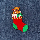 Christmas Stocking Applique Patch - Embroidered Holiday Badge 3.25" (Iron On)