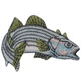 Embroidered patch of a striped bass fish on a white background