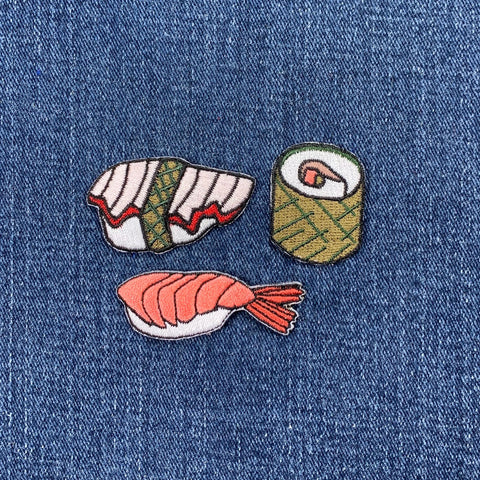 Sushi Applique Patch Set - Embroidered Ebi Tako Roll Badges (Iron On)