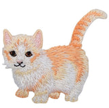 Embroidered patch of a cat with orange and white fur on a white background