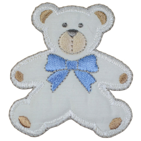 Teddy Bear Applique Patch - Blue Bow Stuffed Animal Badge 2-3/8" (Iron on)