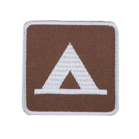 An embroidered square patch featuring a white tent icon on a brown background with a white border, isolated on a white background.