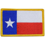 An embroidered patch depicting the Texas flag. The patch has a yellow border and is designed for iron on application.