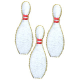 Three white bowling pin applique patches with red detailing, designed for ironing onto fabric.