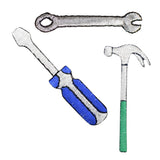 screwdriver, wrench, and hammer patches on a white background