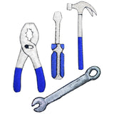 Set of tool patches including pliers, screwdriver, hammer, and wrench on a white background