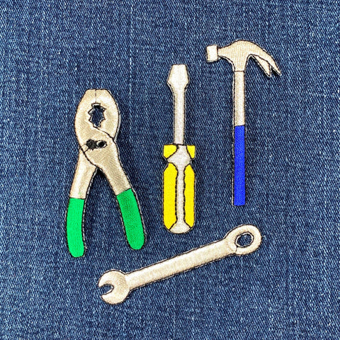 4-Pack Tool Applique Patch Set - Embroidered Hammer Pliers Wrench Screwdriver Construction Carpenter Badges (Iron On)