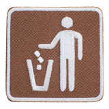 An embroidered square patch with a brown background and a white icon showing a person disposing of trash in a bin.