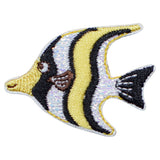 Embroidered patch of a fish with black, white, and yellow colors on a white background