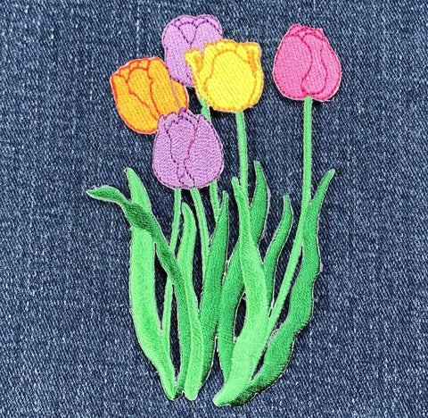 Tulip Applique Patch - Embroidered Colorful Spring Flower Garden Badge 4" (Iron On)