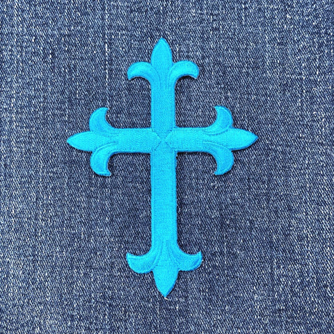 Large Cross Applique Patch - Embroidered Turquoise Tropical Blue Badge 4" (Iron Or Sew On)