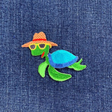 Turtle In Sunhat Applique Patch - Sunglasses Embroidered Animal Badge 3" (Iron On)