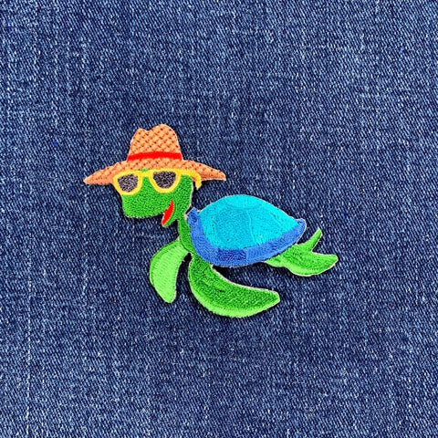 Turtle In Sunhat Applique Patch - Sunglasses Embroidered Animal Badge 3" (Iron On)