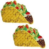 Two embroidered patches of tacos on a white background