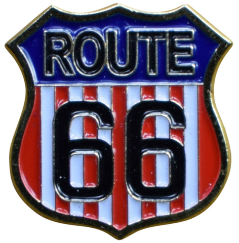 American Flag Route 66 Pin - USA Red, White, & Blue Highway Sign, Made of Metal/Enamel, Rubber Backing