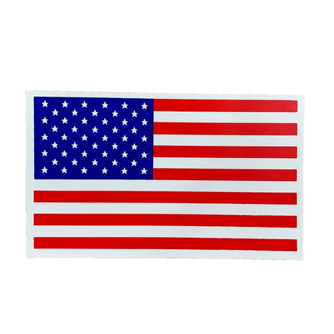 A rectangular American flag sticker with a white border, shown against a plain white background.