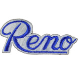 A blue and white embroidered patch with the word 'RENO' in bold letters.