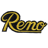 A black and yellow embroidered patch with the word 'RENO' in bold letters.
