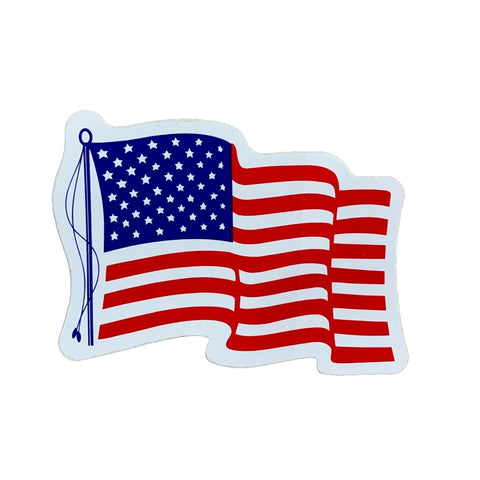 A die-cut sticker of a waving American flag with a white border, isolated on a white background.
