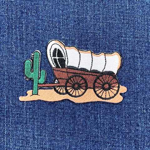 Western Wagon Applique Patch - Prairie Schooner Cactus Embroidered Desert Badge 3.5" (Iron On)