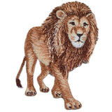 An embroidered lion patch shown on a plain white background. The lion is depicted in warm brown, tan, and cream tones with a darker brown mane and small black details for the nose and eyes.