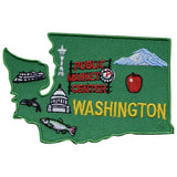 Embroidered patch of Washington state with public market center and other symbols on a green background