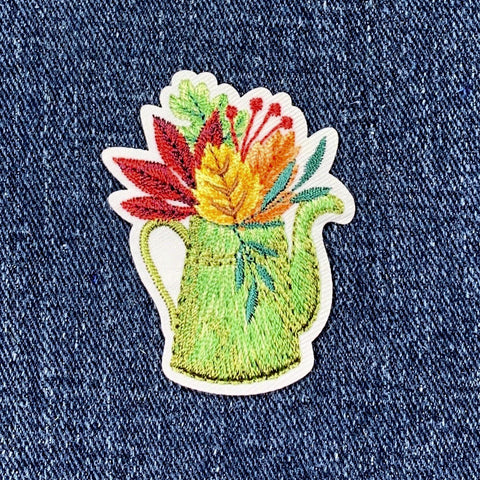 Fall Arrangement Applique Patch - Embroidered Autumn Leaf Watering Can Badge 1-7/8" (Iron On)