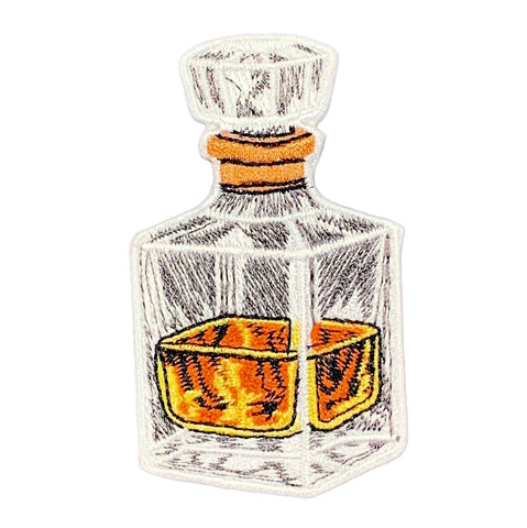 Decorative patch of a glass bottle with a cork stopper on a white background