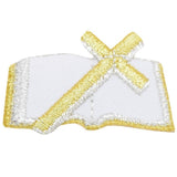 Embroidered patch of a bible and cross on a white background