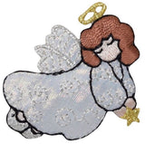 Embroidered angel patch with wings, halo, and star on a white background