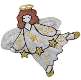 Decorative angel patch with gold stars and a halo on a white background