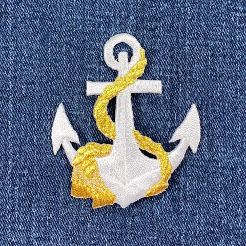 Anchor Applique Patch - White/Gold Embroidered Nautical & Sailing Badge 2.5" (Iron On)