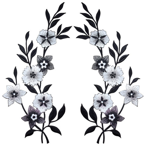 Extra Large Flower Applique Patch Set - Metallic Silver Black White 10.25" (2-Pack, Iron on)