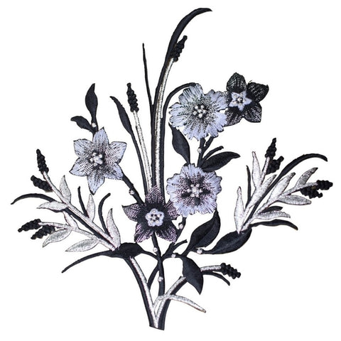Large Flower Arrangement Applique Patch - Silver Black White 6-3/8" (Iron on)