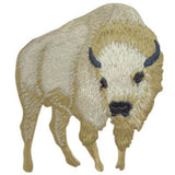 Embroidered patch of a bison on a white background