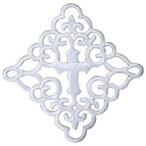 White Cross Applique Patch -  Fleur de Lis, Jesus, Christian Badge 3" (Iron on)