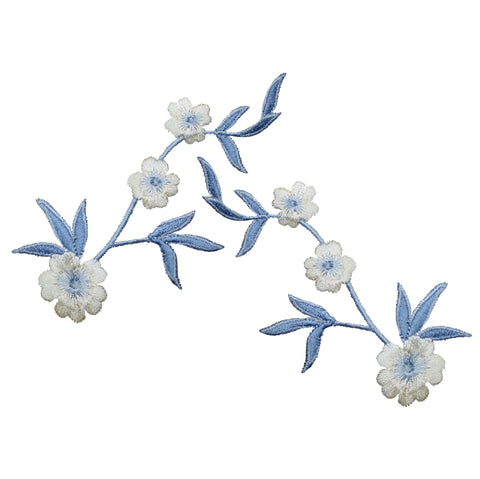 Flower Applique Patch Set - Blue Stem White Bloom 4-1/8" (2-Pack, Iron on)