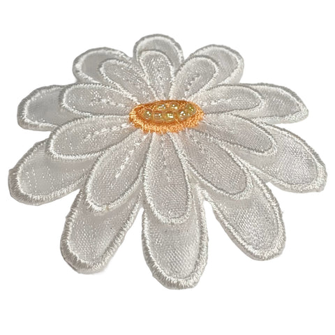 White Layered Daisy Applique Patch - Flower with Organza Petals & Beaded Center 2-1/8" (Iron or Sew On)