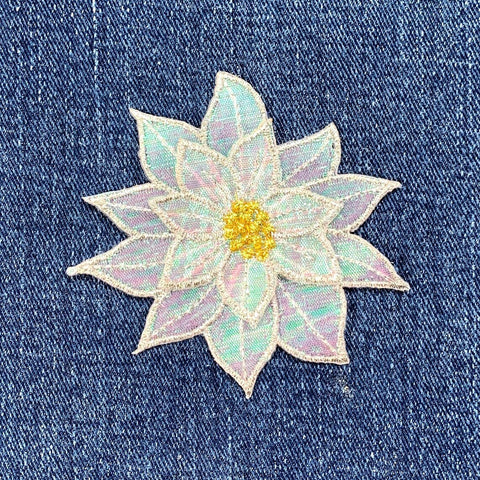 Poinsettia Applique Patch - Shimmery Layered Embroidered Christmas Flower Badge 2-7/8" (Iron On)