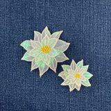 Two floral patches on a denim background