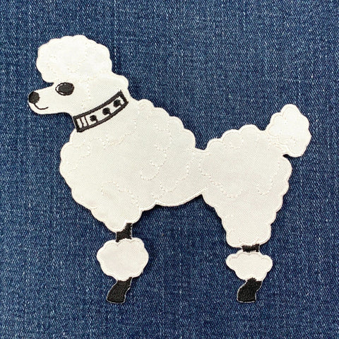 Poodle Applique Patch - Embroidered Sock Hop Dog Badge 4.75" (Iron On, White/Left)