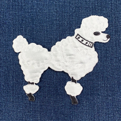 Poodle Applique Patch - Embroidered Sock Hop Dog Badge 4.75" (Iron On, White/Right)