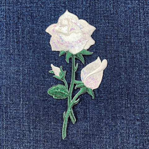 White Rose Applique Patch - Embroidered Flower Badge 4.75" (Iron On)