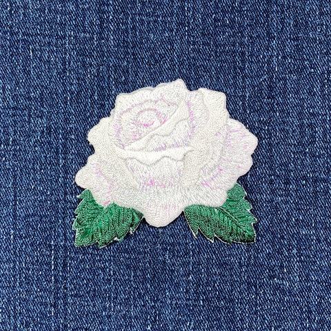 White Rose Applique Patch - Embroidered Flower Garden Badge 2-5/8" (Iron On)