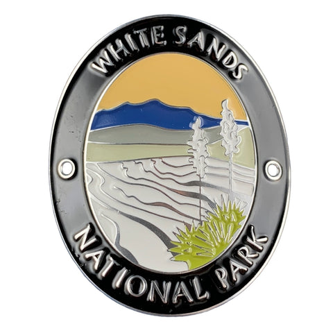 An oval White Sands National Park commemorative medallion with a silver-toned border and colorful landscape center showing mountains, fields, plants, and a yellow sky.