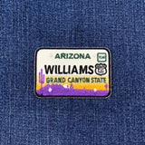 Embroidered patch on denim fabric with 'Williams, Arizona, Grand Canyon State' text