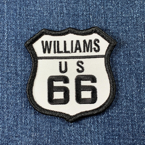 Patch with 'Williams US 66' text on a denim background